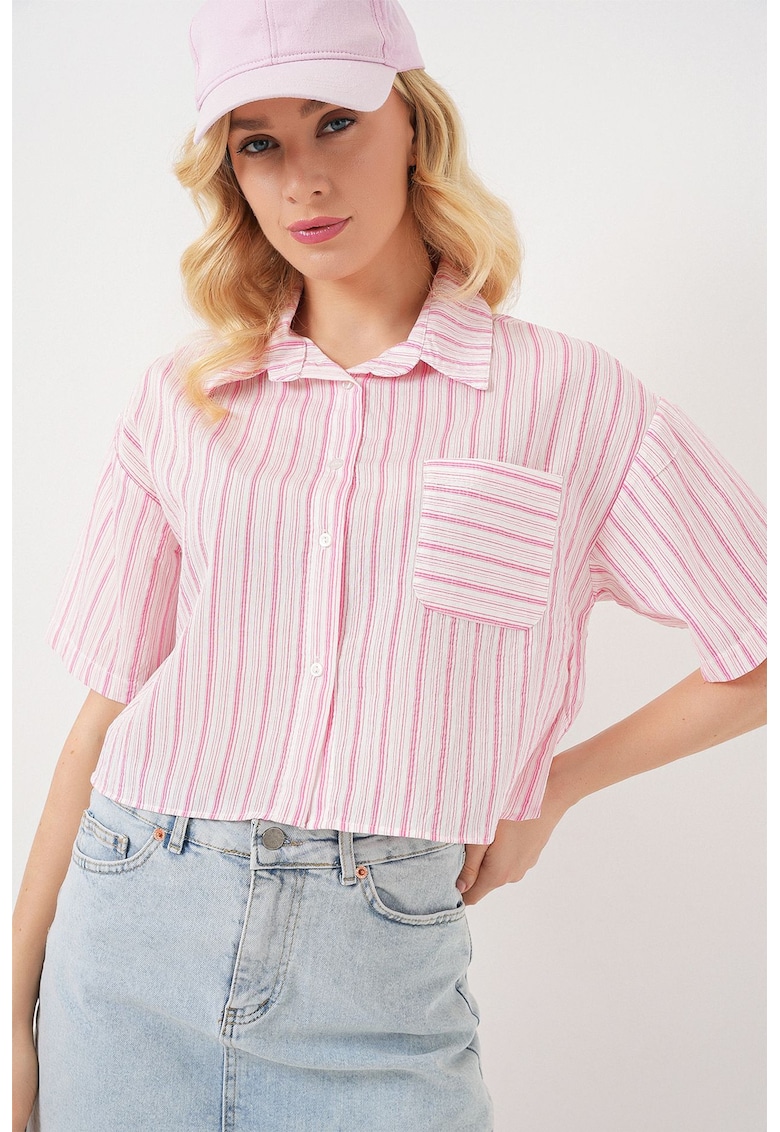 Camasa scurta HiCCUP cu dungi - roz pudrat - textil - cu buzunar
