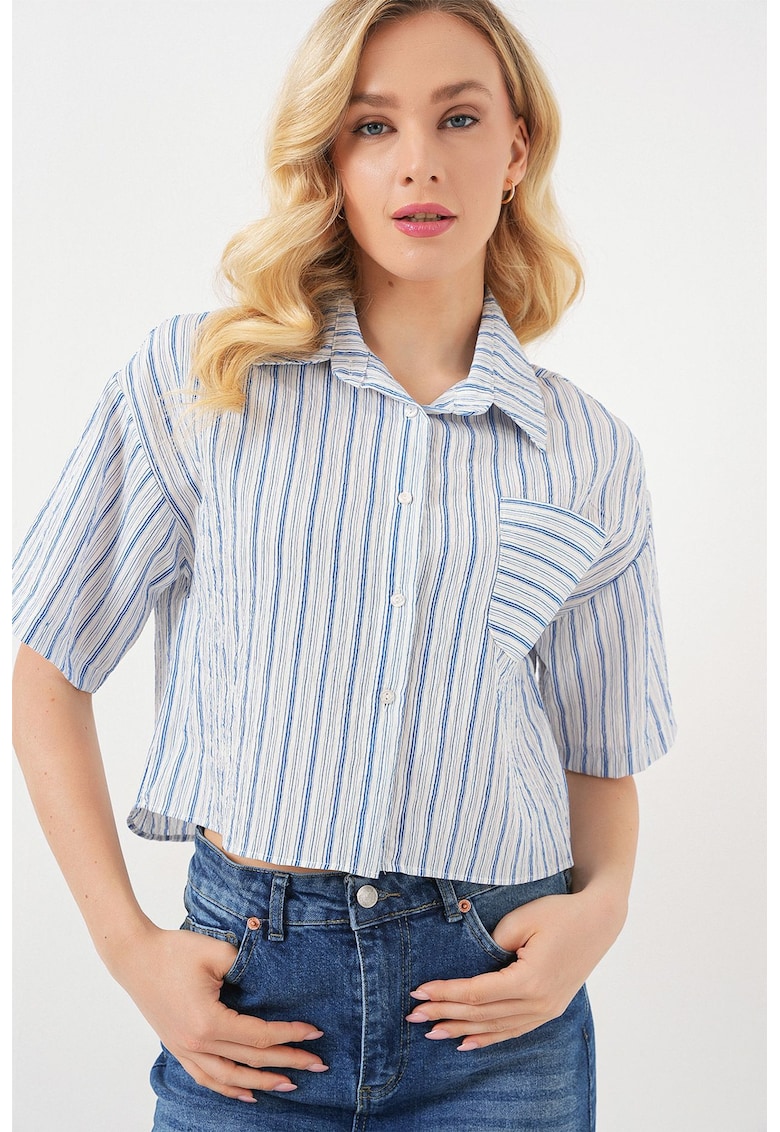 Camasa scurta HiCCUP cu dungi - buzunar - albastra - textil