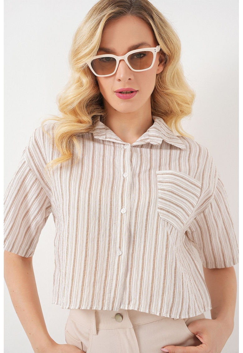 Camasa scurta dama HiCCUP cu dungi - buzunar - bej - textil