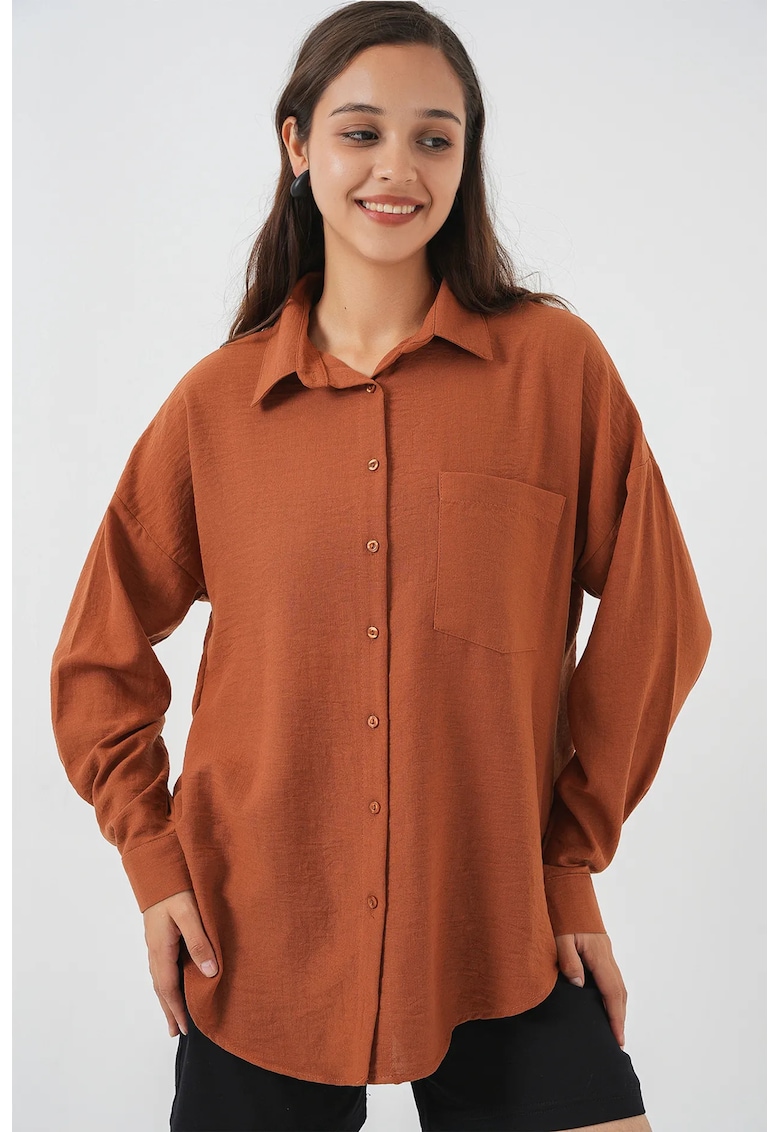Camasa basic HiCCUP din amestec de in - detalii de buzunar - caramiziu