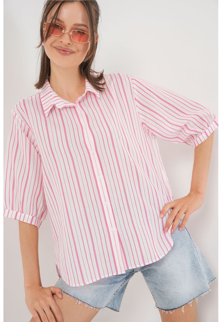 Camasa dama HiCCUP din poplin cu dungi - maneci trei sferturi - roz pudrat - textil