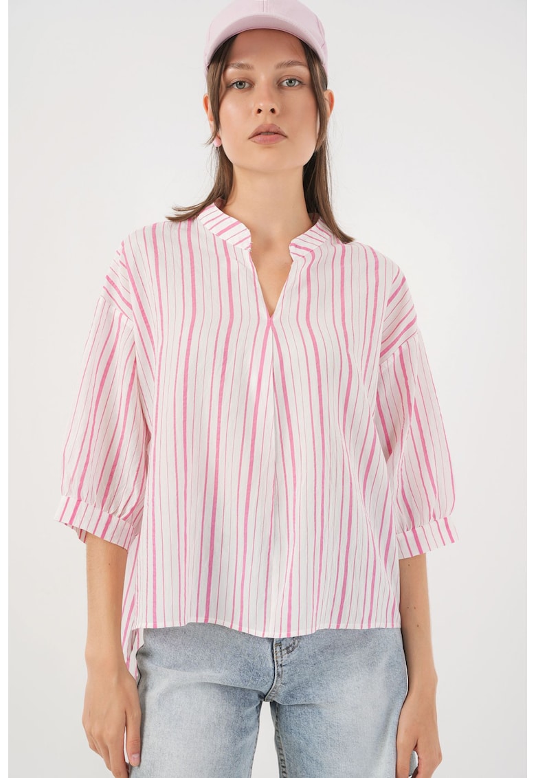 Bluza dama HiCCUP BDART - cu dungi - decolteu in V - textil - roz pudrat