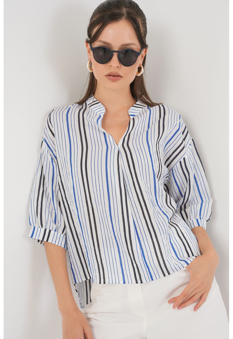 Bluza dama HiCCUP BDART - cu dungi - decolteu in V - textil - bleumarin