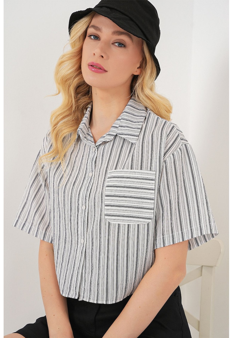 Camasa scurta dama HiCCUP cu dungi - buzunar - neagra - textil