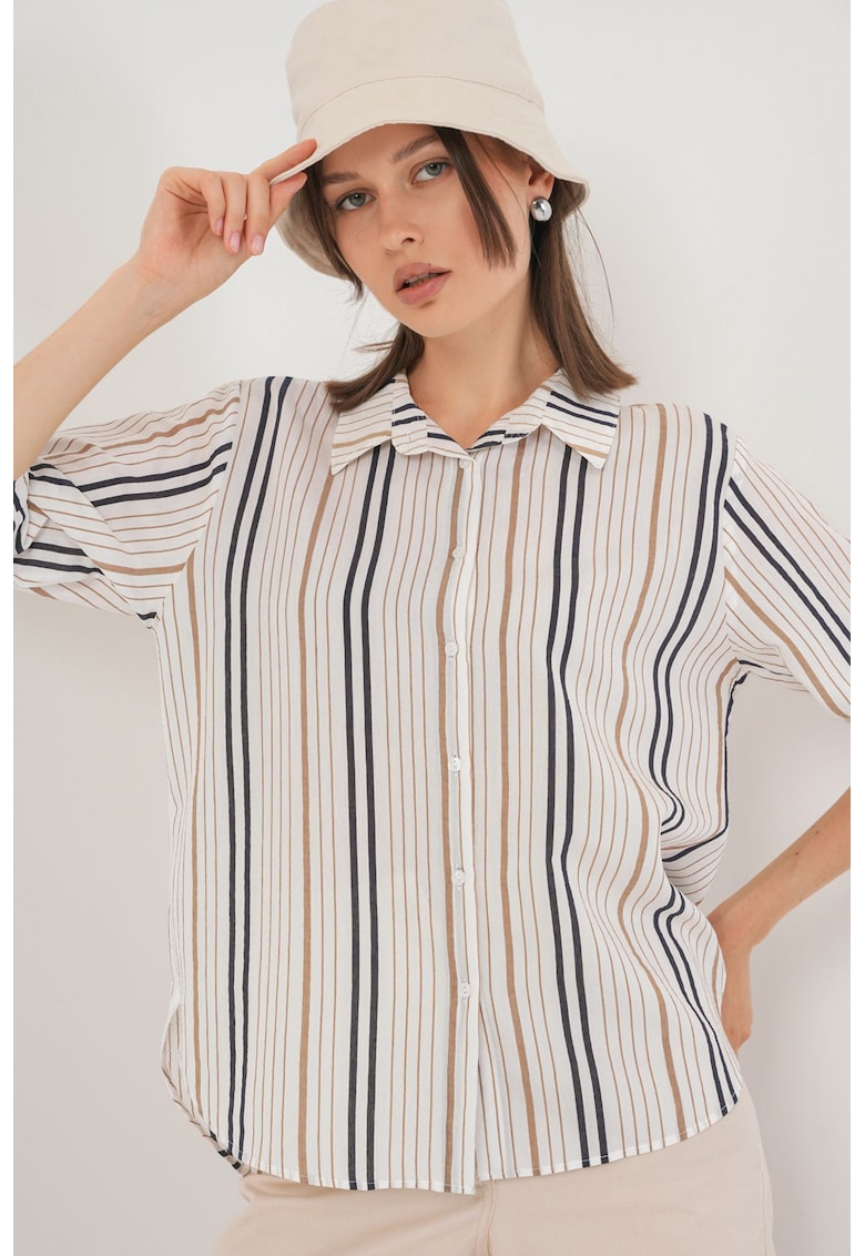 Camasa dama HiCCUP din poplin cu dungi - maneci trei sferturi - bej - textil