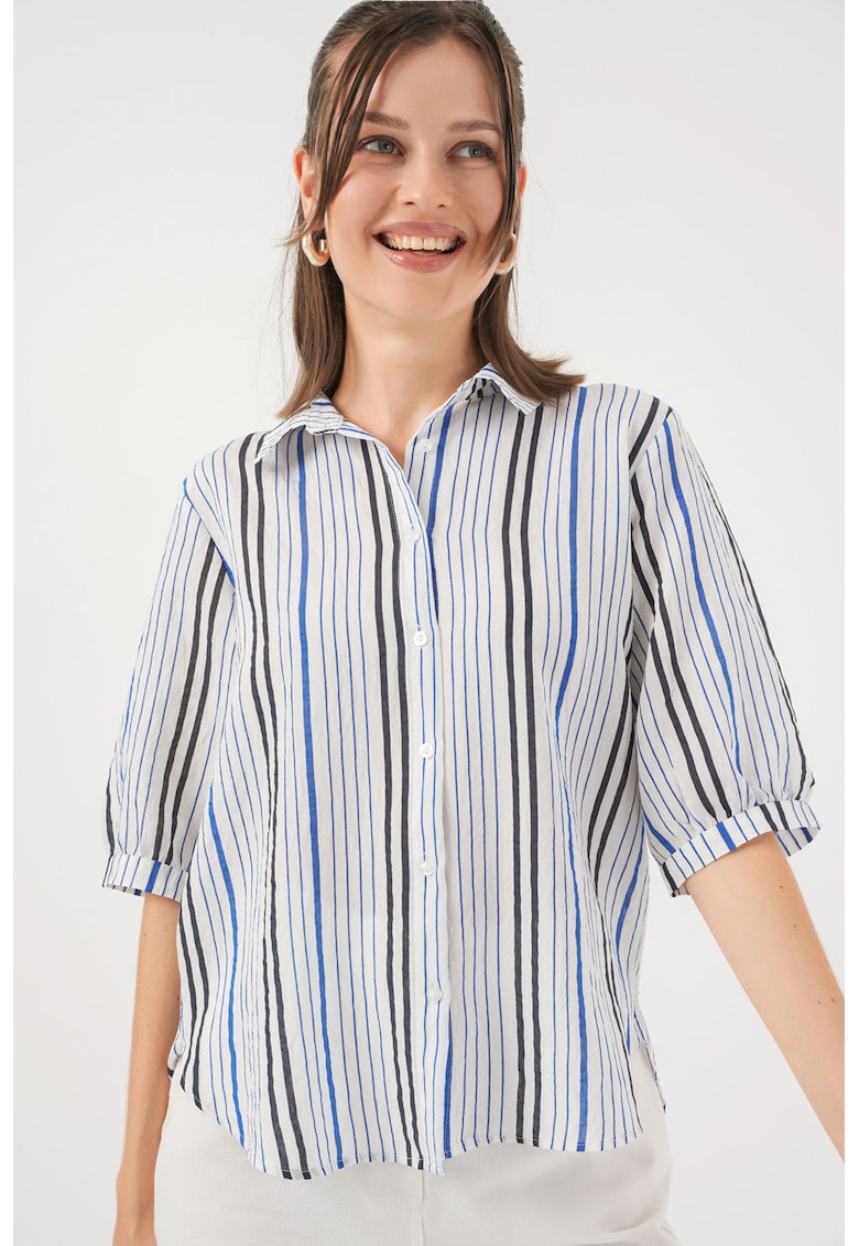 Camasa dama HiCCUP din poplin cu dungi - maneci trei sferturi - bleumarin - textil