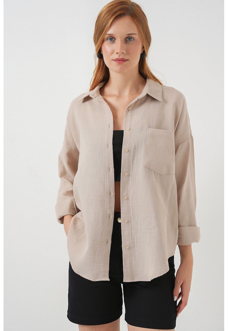 Camasa dama HiCCUP supradimensionata cu maneca lunga - bej - textil
