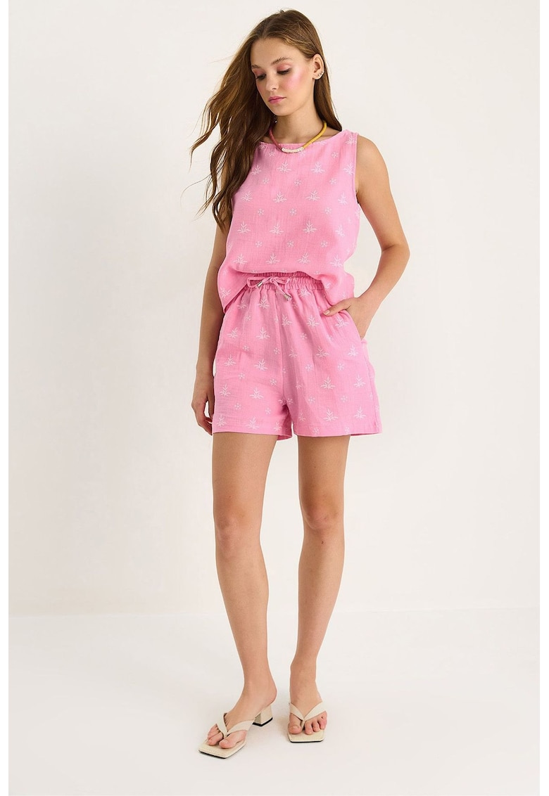 Costum scurt dama - set doua piese - talie inalta - roz aprins - textil -