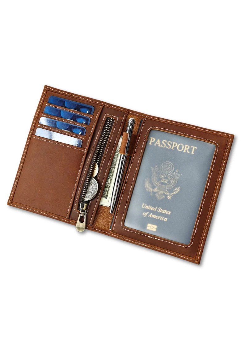 Portofel pasaport piele naturala crazy horse retro Clas ID3 Busy Lady & Gentleman maro