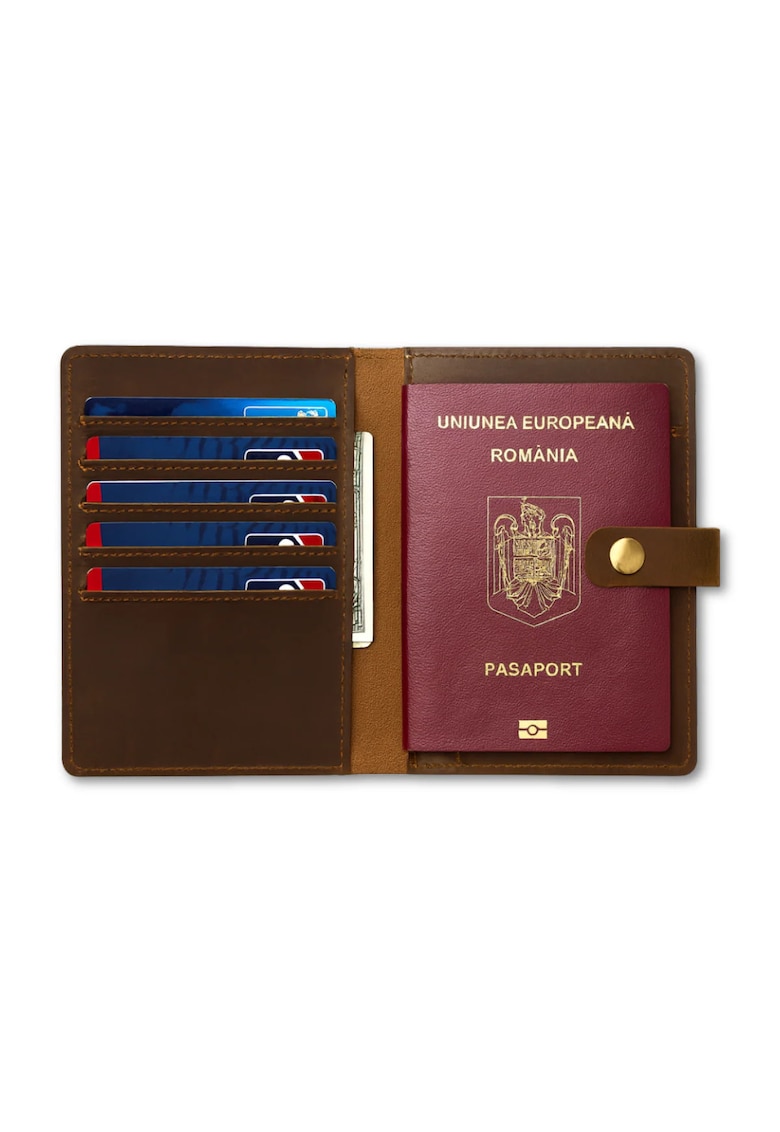 Portofel pasaport piele naturala crazy horse retro Clas ID Busy Lady & Gentleman maro