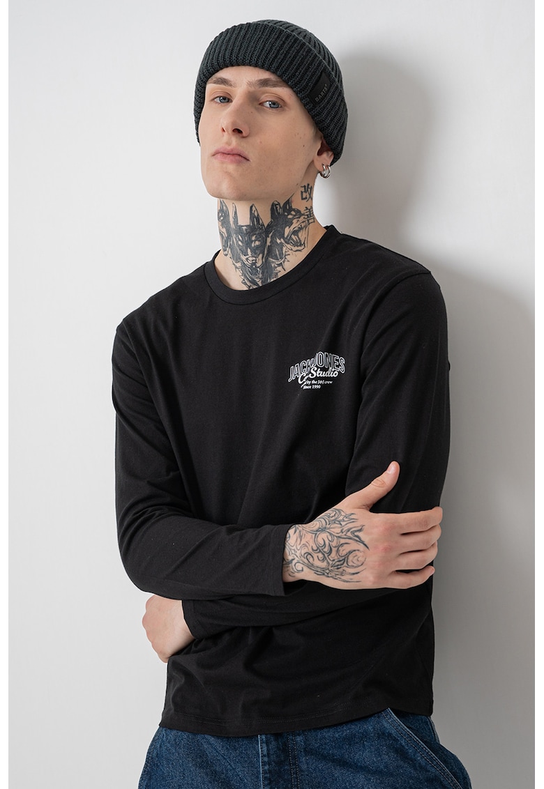 Bluza din bumbac cu decolteu la baza gatului si imprimeu logo