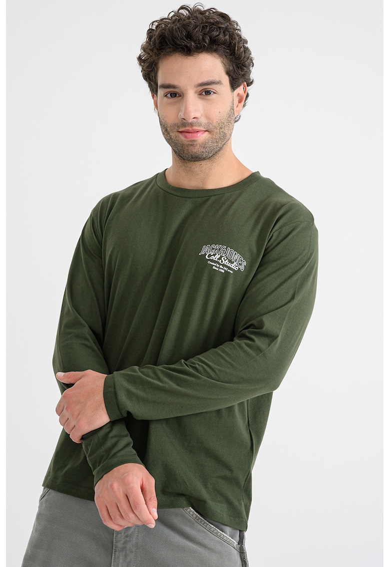 Bluza din bumbac cu decolteu la baza gatului si imprimeu logo