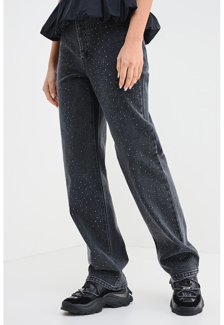 Blugi relaxed fit cu aplicatii de strasuri - Gri antracit