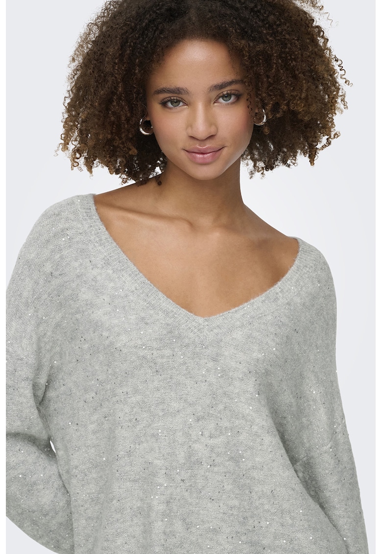 Pulover tricotat cu decolteu in V - Gri deschis
