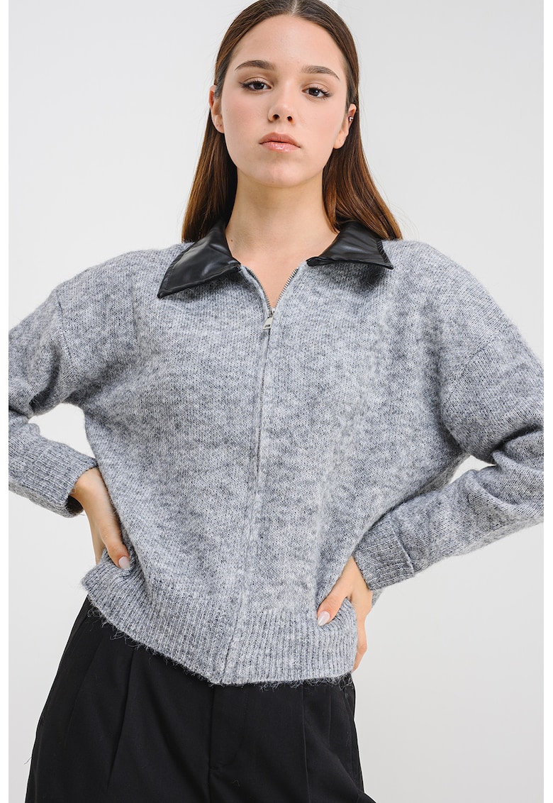 Cardigan din amestec de lana cu fermoar si maneci cazute