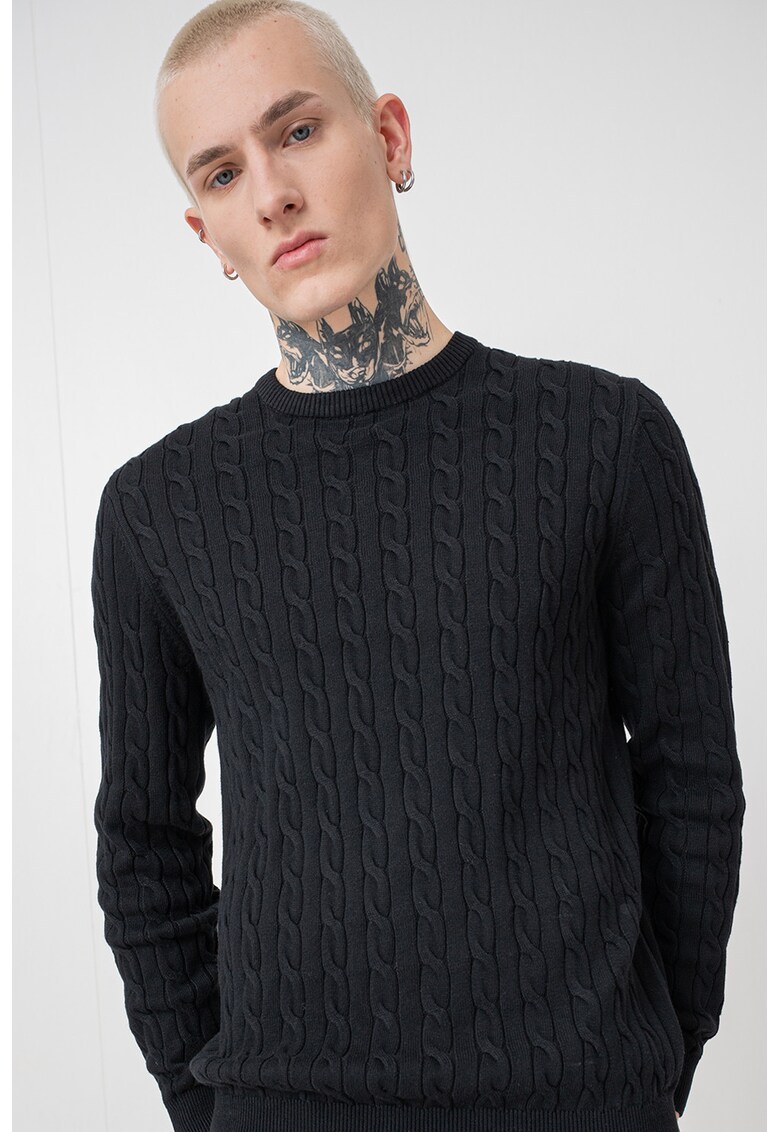 Pulover slim-fit cu design torsade - Negru