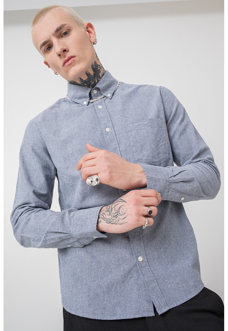 Camasa uni cu guler fixat cu nasturi - Albastru melange