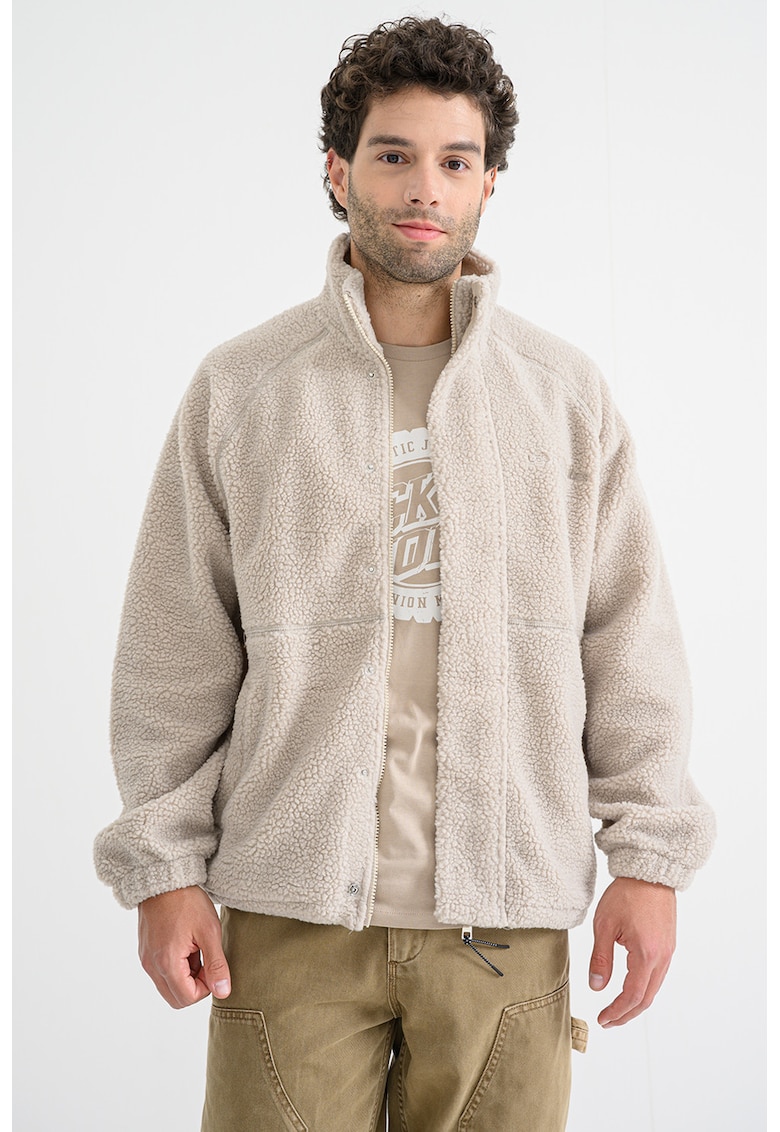 Jacheta din material teddy cu maneci raglan si fermoar