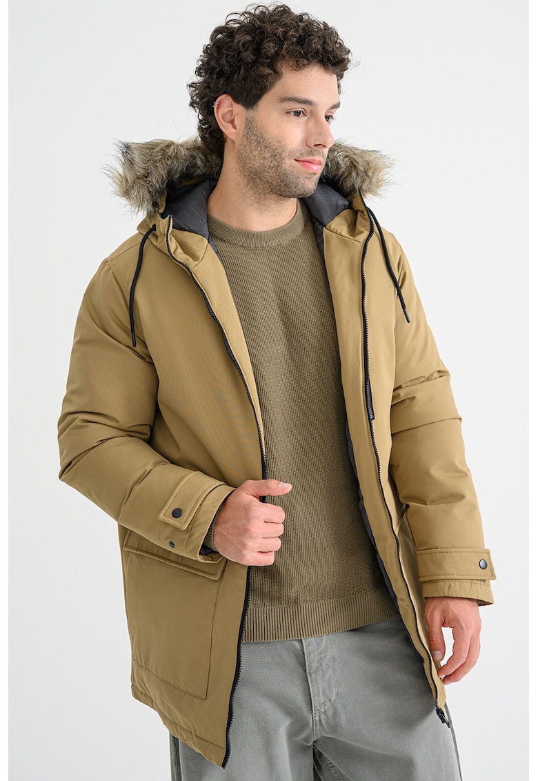 Jacheta parka cu blana sintetica si gluga