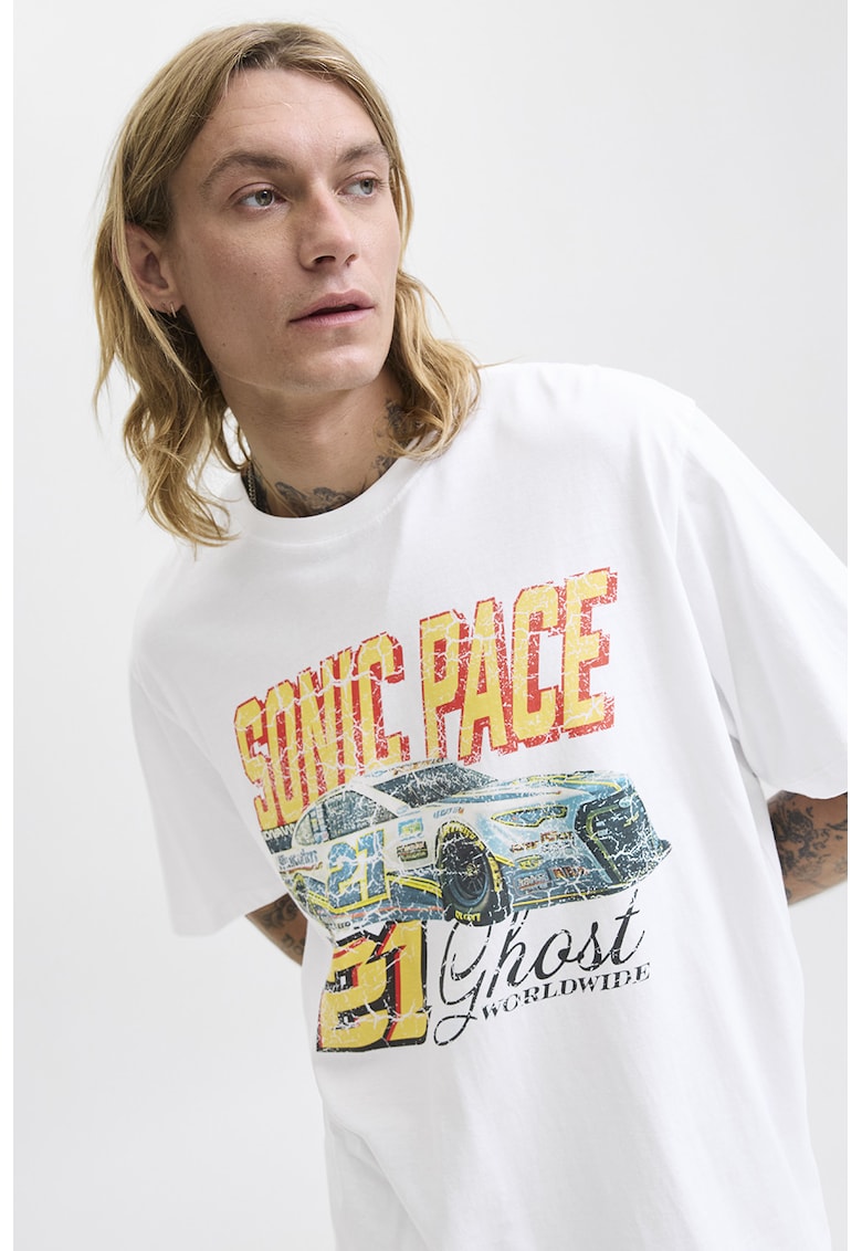 Tricou cu imprimeu pe piept - Alb/Portocaliu/Albastru