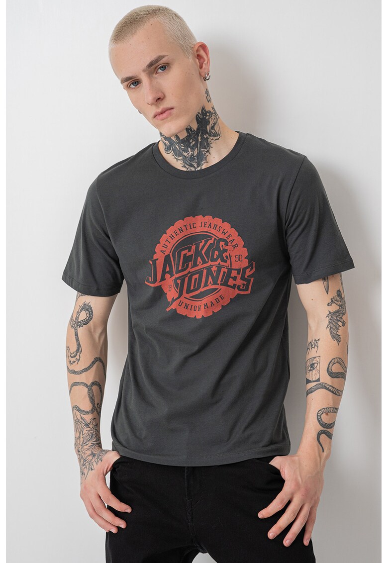 Tricou cu imprimeu logo si decolteu la baza gatului - Rosu stins/Gri antracit