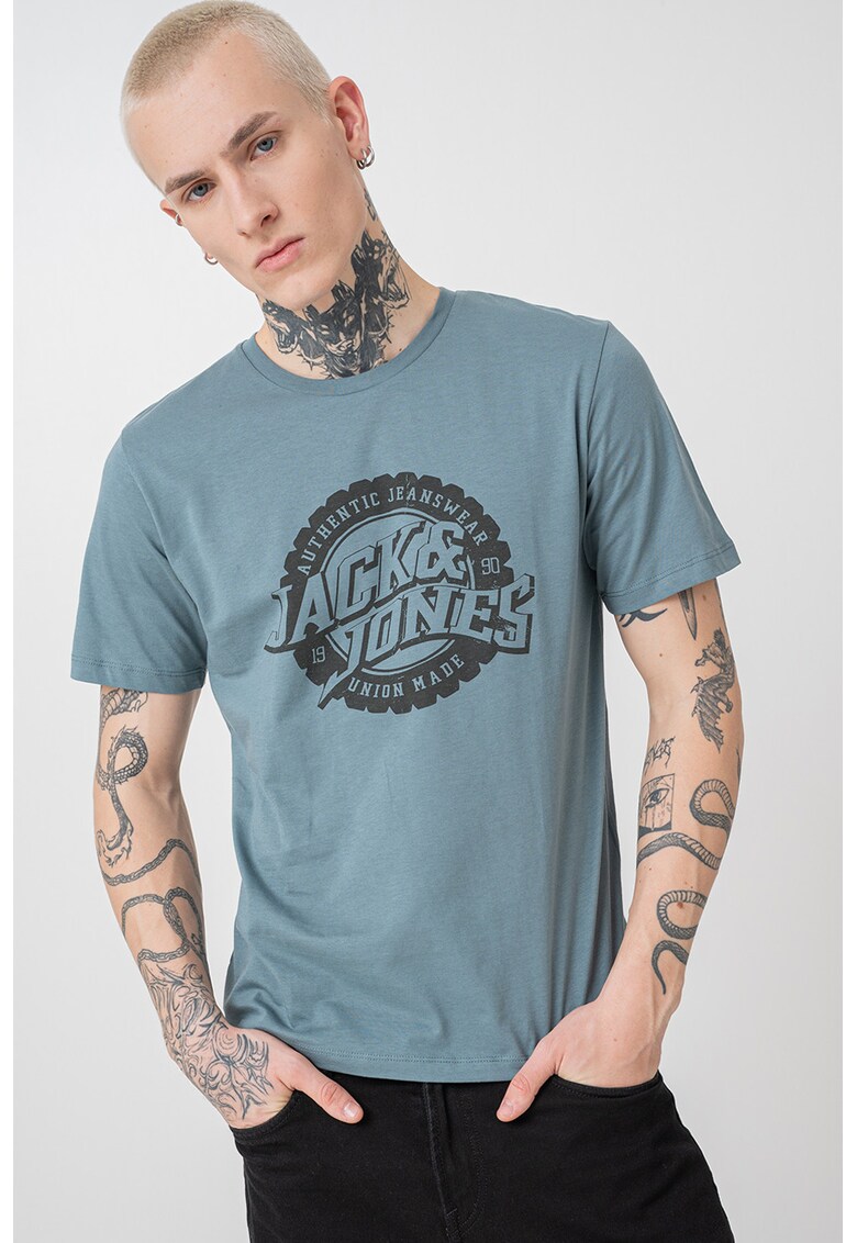 Tricou cu imprimeu logo si decolteu la baza gatului - Negru/Albastru petrol