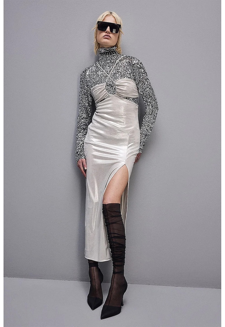 Rochie lunga fara maneci - decupata lateral - Argintiu