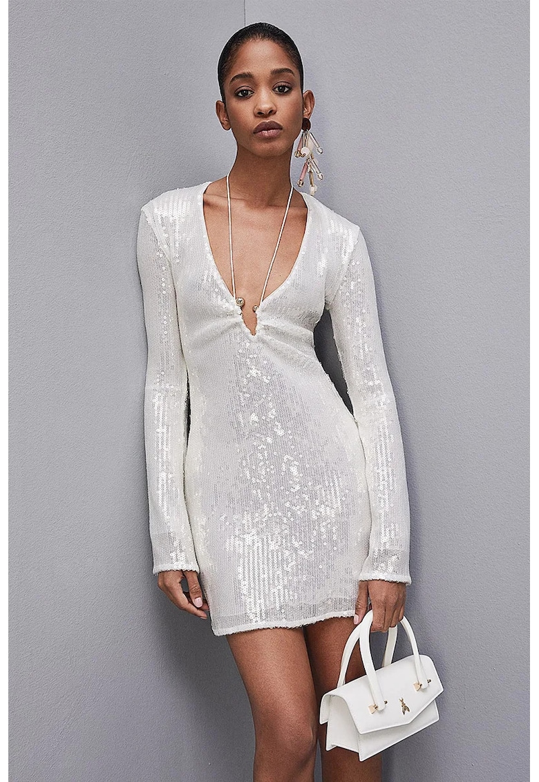 Rochie cu croiala slim - cu decolteu in V - din tul elastic cu paiete