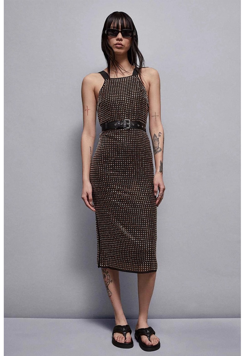 Rochie midi cu aplicatii tip cristale - Negru