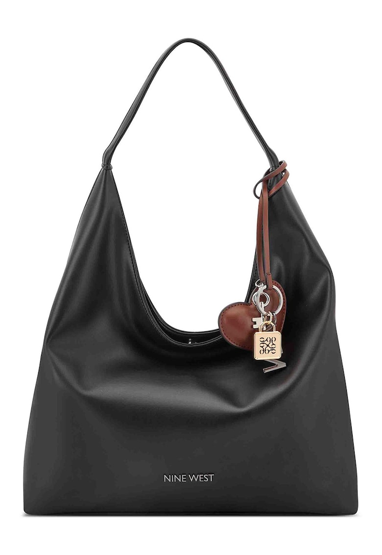 Geanta de piele ecologica cu bareta de umar si accesoriu logo