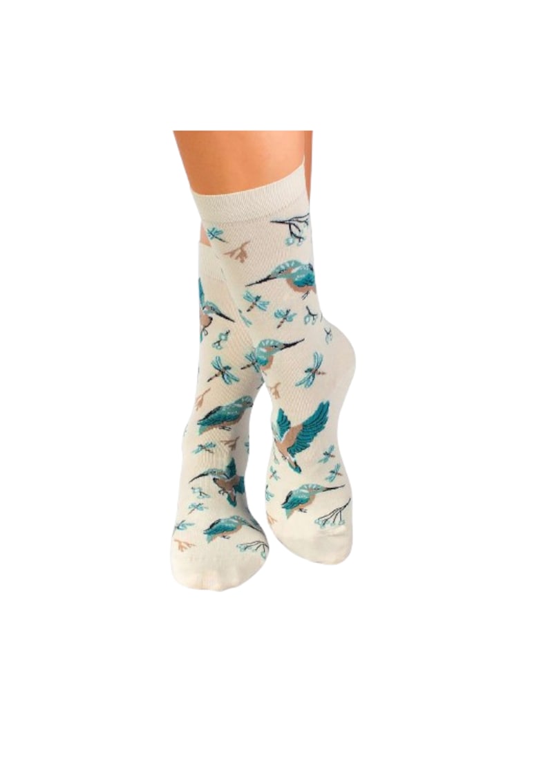 Sosete Fine din Bambus cu Flori si Pasari Ecru