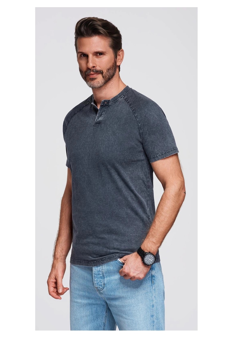 Tricou cu efect decolorat si nasturi la decolteu OM-TSWT-0150 - Albastru inchis