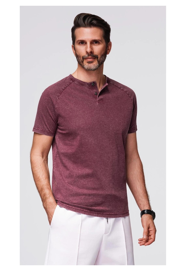Tricou cu efect decolorat si nasturi la decolteu OM-TSWT-0150 - Bordeaux