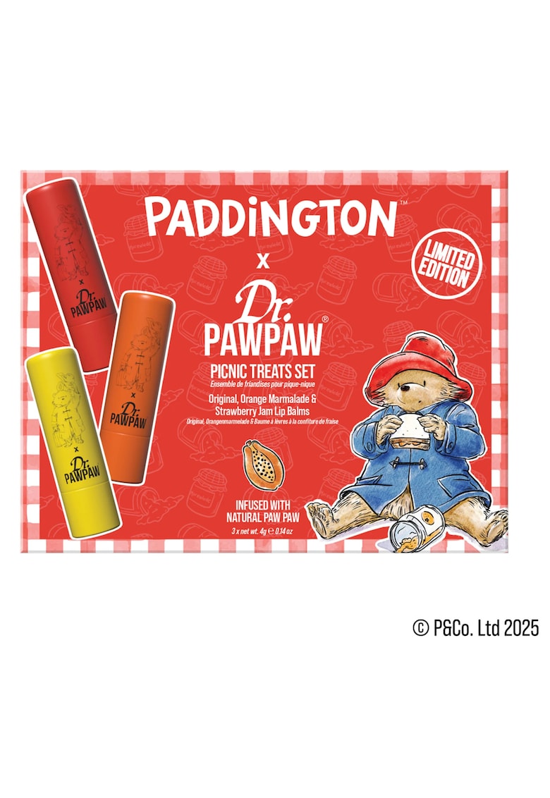 Set 3 balsamuri de buze Paddington™ Paddington Picnic Treats - aroma Orange Marmalade + Original Balm + Strawberry Jam - 3 x 4 g