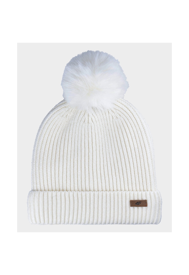 Caciula de Iarna Beanie Dama Captuseala Velur - Alb Ecru - Ciucure Blana Artificiala - Sportstyle - AW24