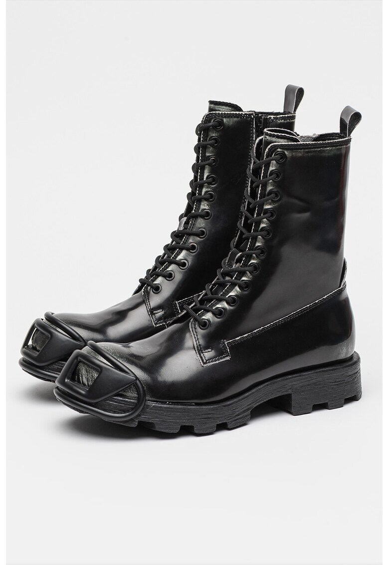 Bocanci din piele cu aplicatie metalica pe varf D-Hammer - Negru