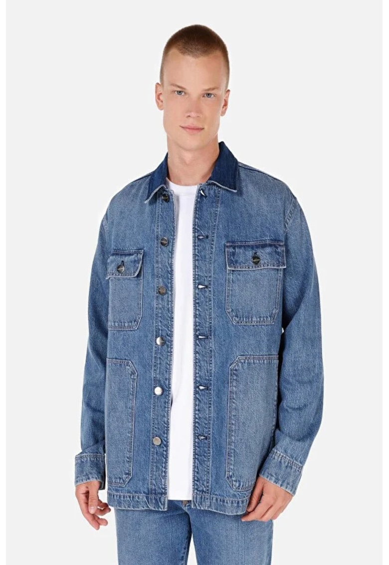 Jacheta din denim cu buzunare cu clapa - Albastru