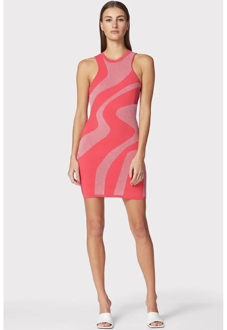 Rochie mini - fara maneci din jacquard dublu tricotat - cu imprimeu abstract