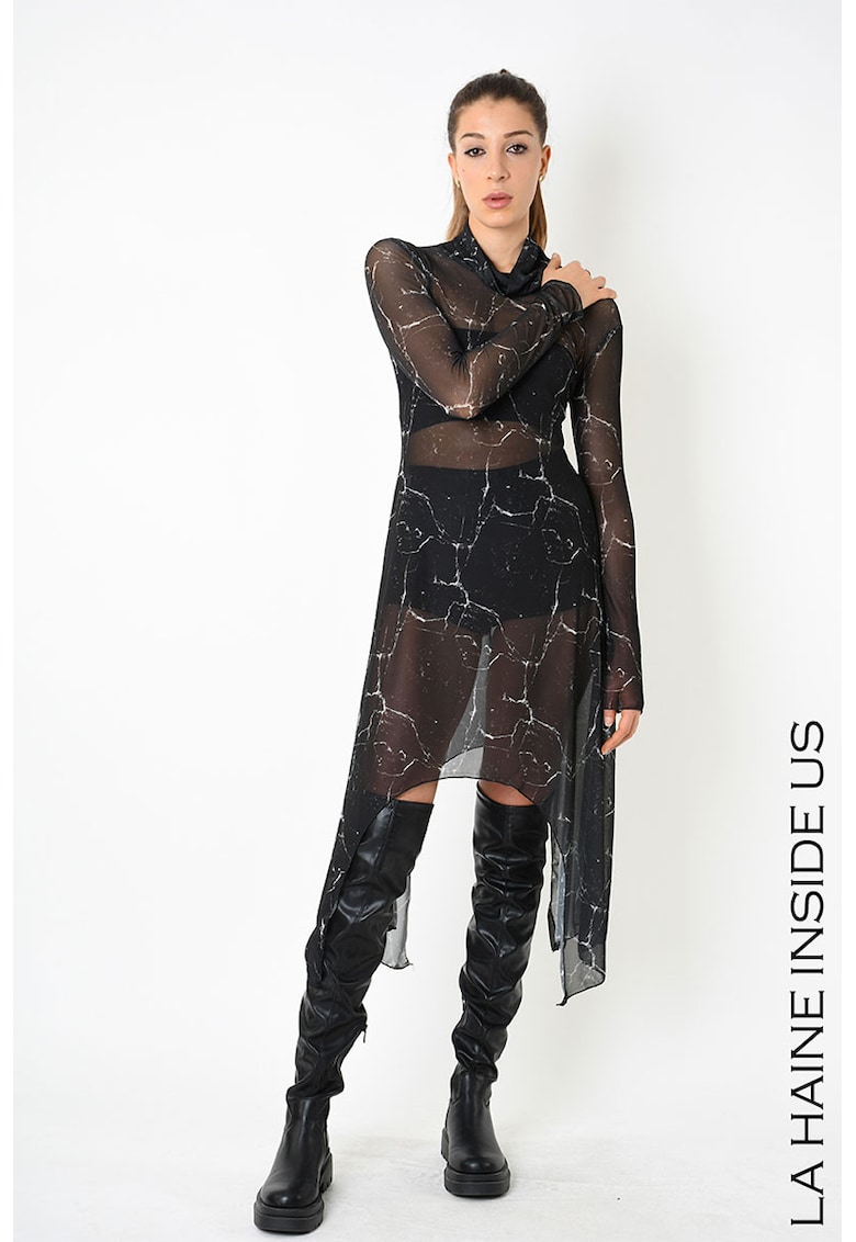 Rochie lunga din tul cu imprimu si guler inalt Rochie lunga din tul cu imprimu si guler inalt