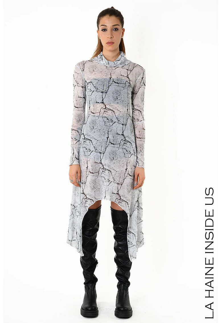 Rochie lunga din tul cu imprimu si guler inalt Rochie lunga din tul cu imprimu si guler inalt