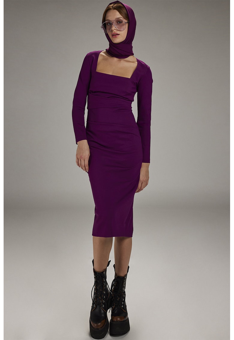 Rochie midi din amestec de in cu decolteu patrat