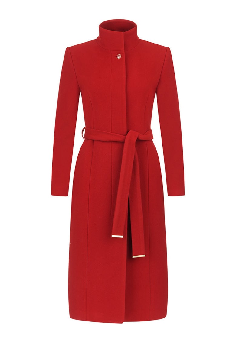 Palton din amestec de lana cu cordon si guler inalt