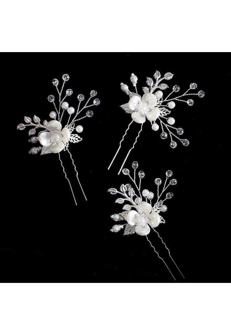 Set 3 accesorii par - argintii - cu flori albe si perle - Marinka C3