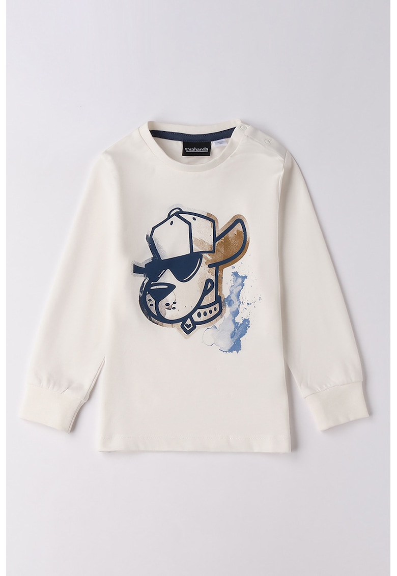 Bluza de bumbac cu imprimeu - Alb fildes/Caramel/Bleumarin