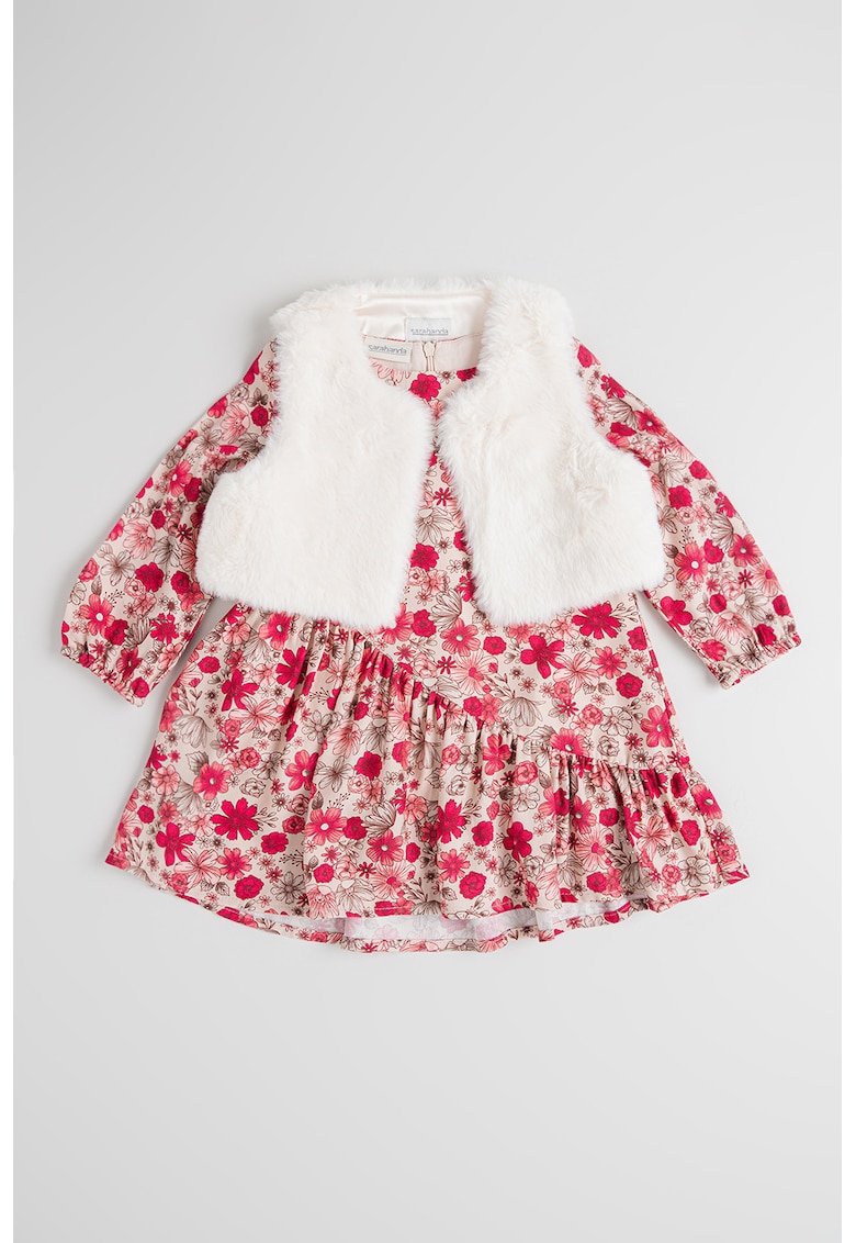 Set de rochie cu model floral si vesta de blana sintetica - 2 piese