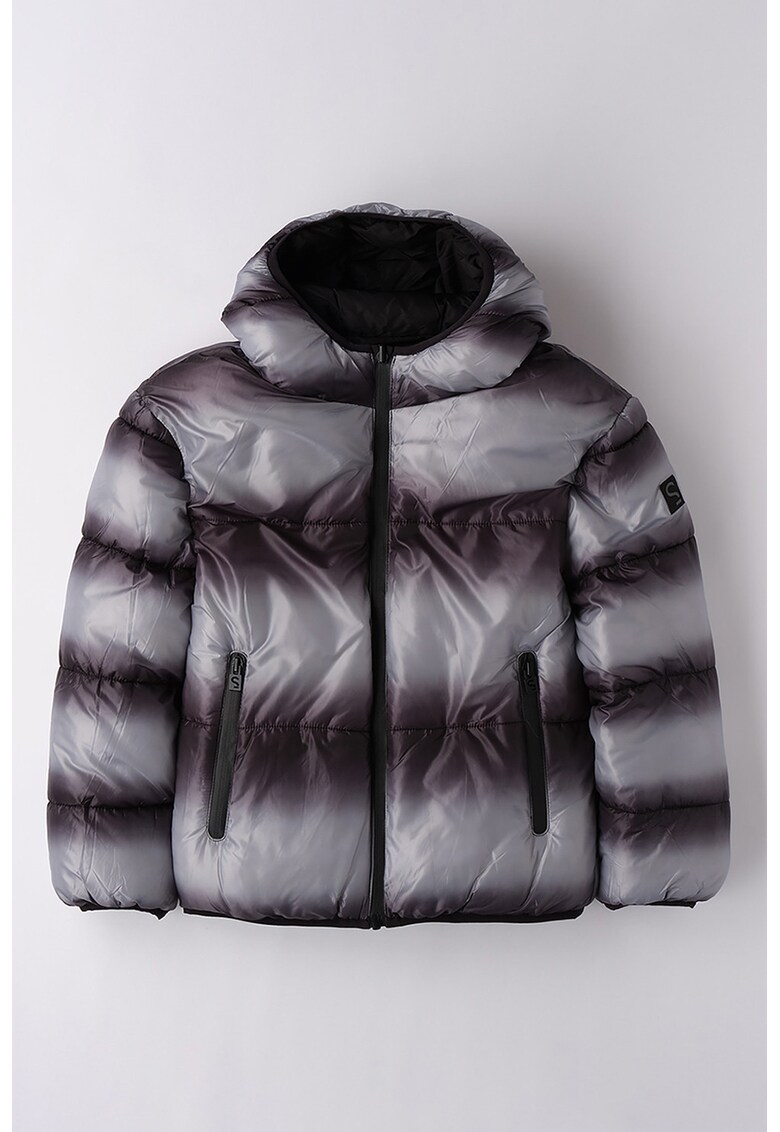 Geaca cu gluga si buzunare laterale - Negru/Gri cenusiu/Violet aubergine