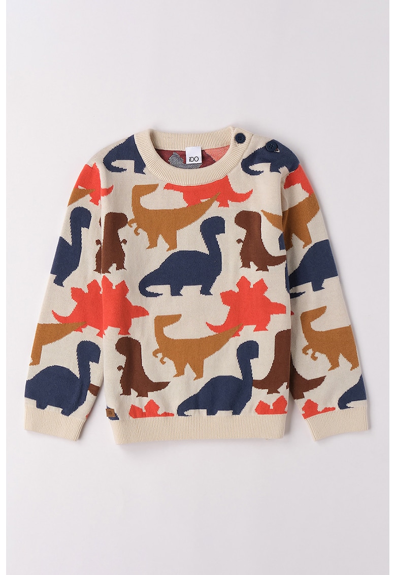 Pulover cu decolteu la baza gatului si model dinozaur - Portocaliu mandarina/Maro nisip/Bleumarin