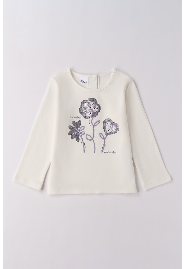 Bluza cu decolteu rotund si model floral - Crem