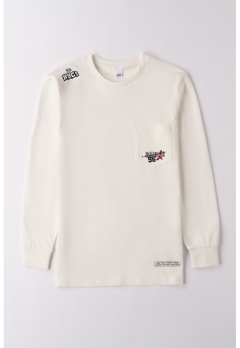 Bluza de bumbac cu decolteu la baza gatului - Crem
