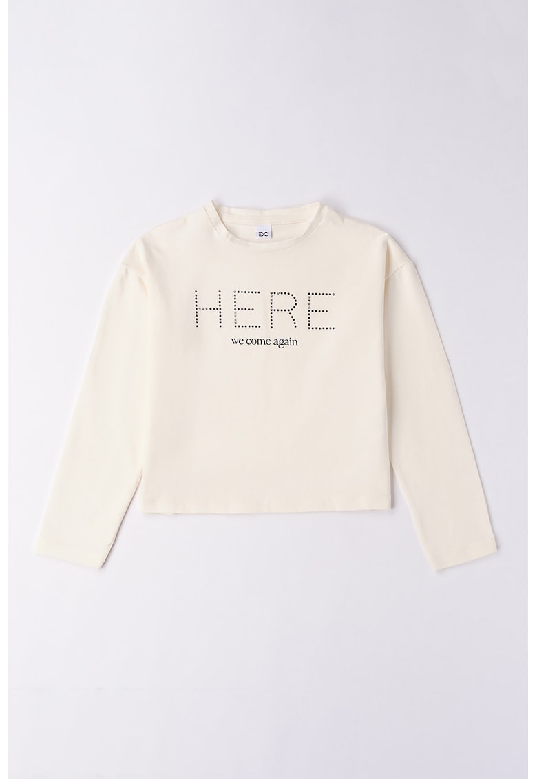 Bluza din amestec de bumbac cu strasuri - Crem